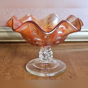 Vintage Dugan Ruffled Carnival Glass  Compote "Coin Spot" Pattern